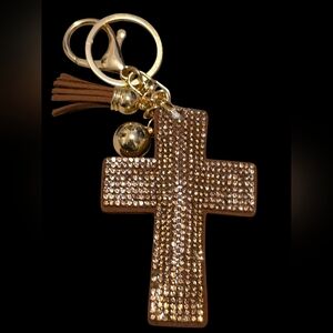 Gold and Brown Cross Bag Charm Keychain